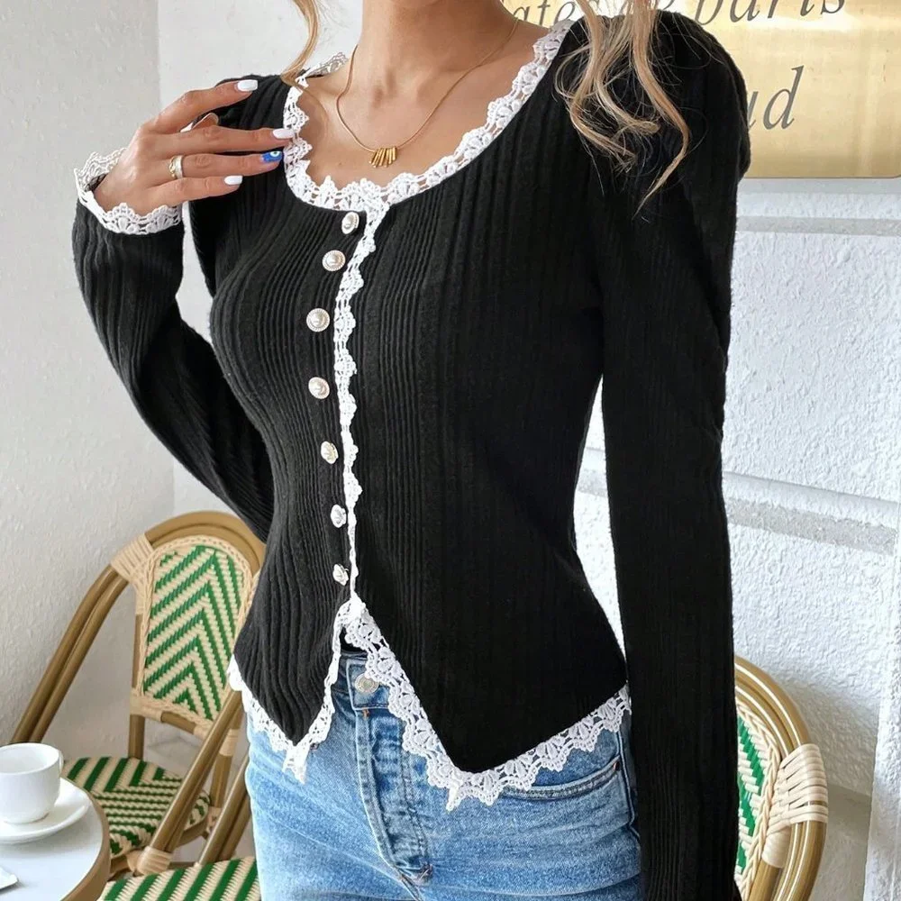 Black Preppy Womens Guipure Lace Trim Puff Sleeve Button Front Jacket - Picture 4 of 5